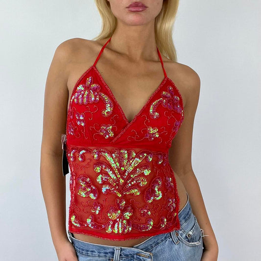 red sequin backless top festival top