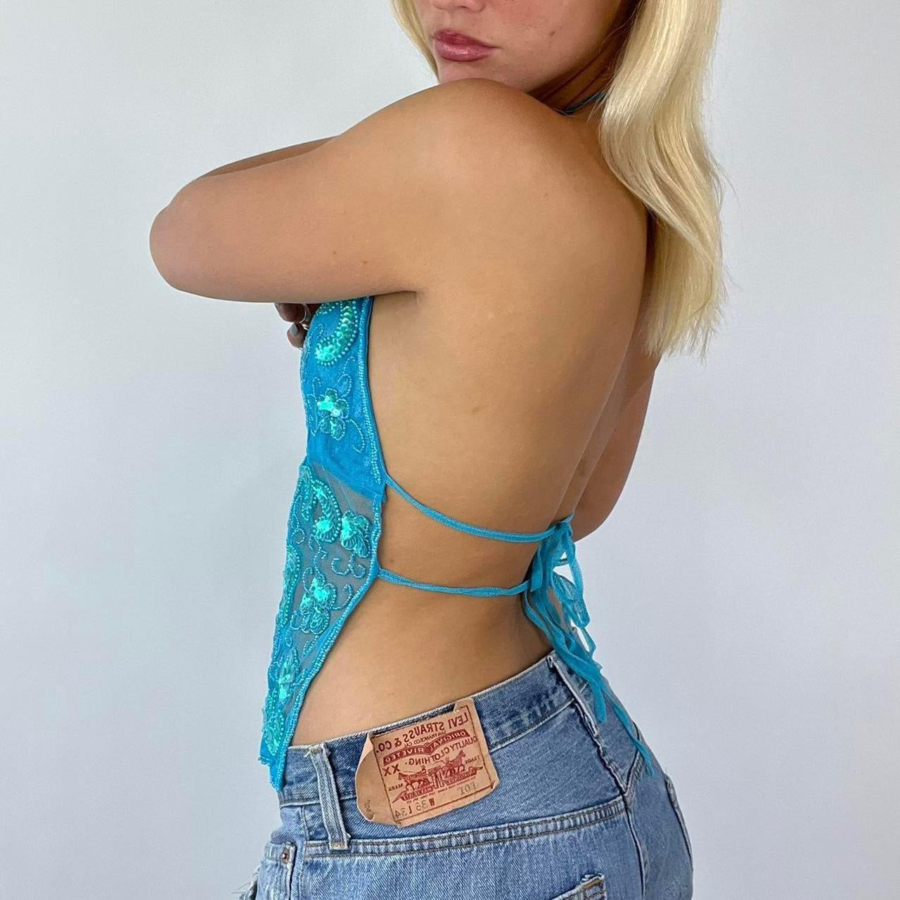 blue sequin backless top festival top